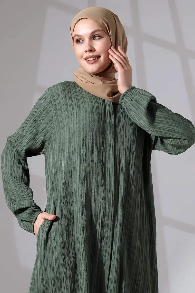 Kadın Bürümcük Kumaş Gizli Fermuarlı İkili Takım Hac Umre Kıyafeti Yeşil - 6