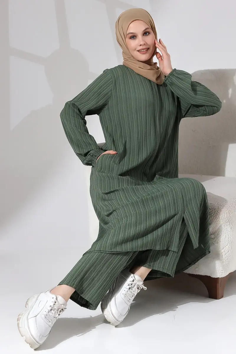 Kadın Bürümcük Kumaş Gizli Fermuarlı İkili Takım Hac Umre Kıyafeti Yeşil - 7
