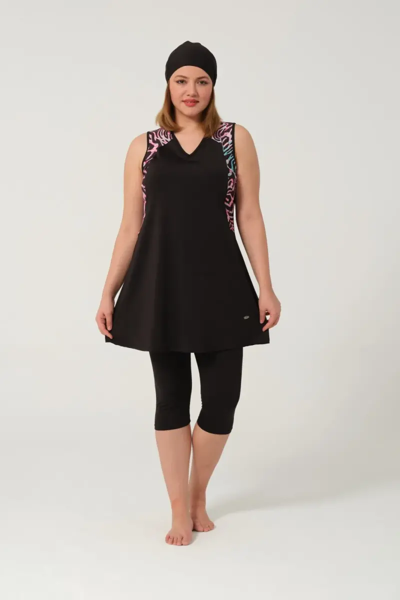 Kadın Büyük Beden Desenli Yarı Kapalı Tesettür Mayo Takımı 2525-25 Siyah - 1