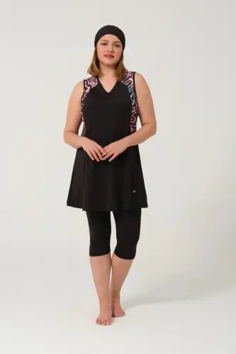 Kadın Büyük Beden Desenli Yarı Kapalı Tesettür Mayo Takımı 2525-25 Siyah - Tesmay (1)