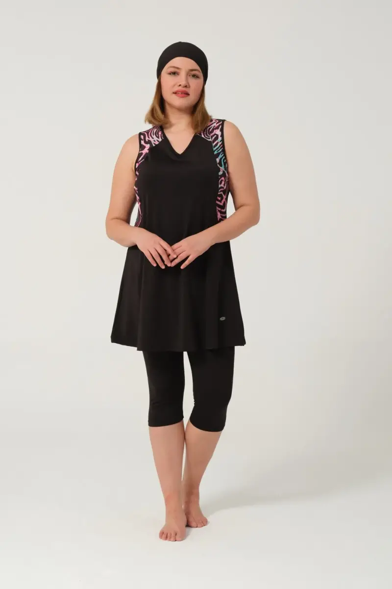 Kadın Büyük Beden Desenli Yarı Kapalı Tesettür Mayo Takımı 2525-25 Siyah - 2