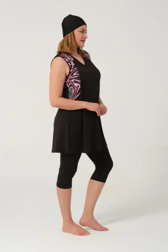 Kadın Büyük Beden Desenli Yarı Kapalı Tesettür Mayo Takımı 2525-25 Siyah - 3