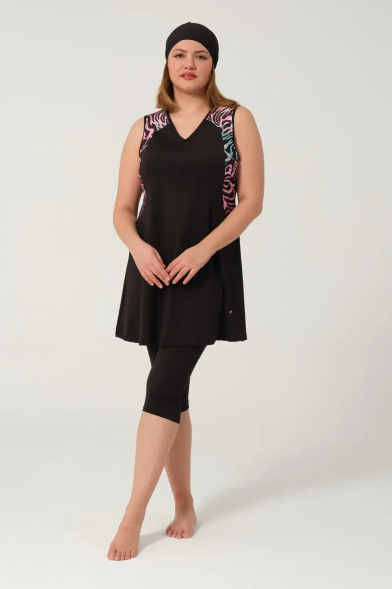 Kadın Büyük Beden Desenli Yarı Kapalı Tesettür Mayo Takımı 2525-25 Siyah - 5