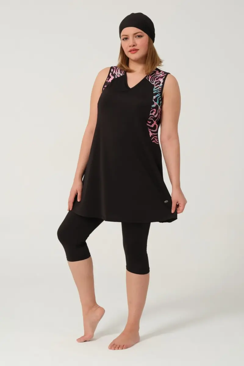 Kadın Büyük Beden Desenli Yarı Kapalı Tesettür Mayo Takımı 2525-25 Siyah - 6