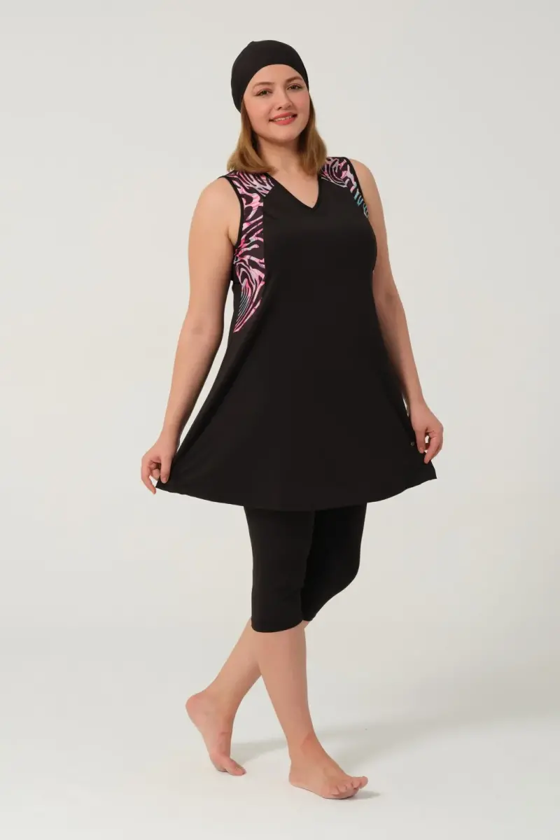Kadın Büyük Beden Desenli Yarı Kapalı Tesettür Mayo Takımı 2525-25 Siyah - 7