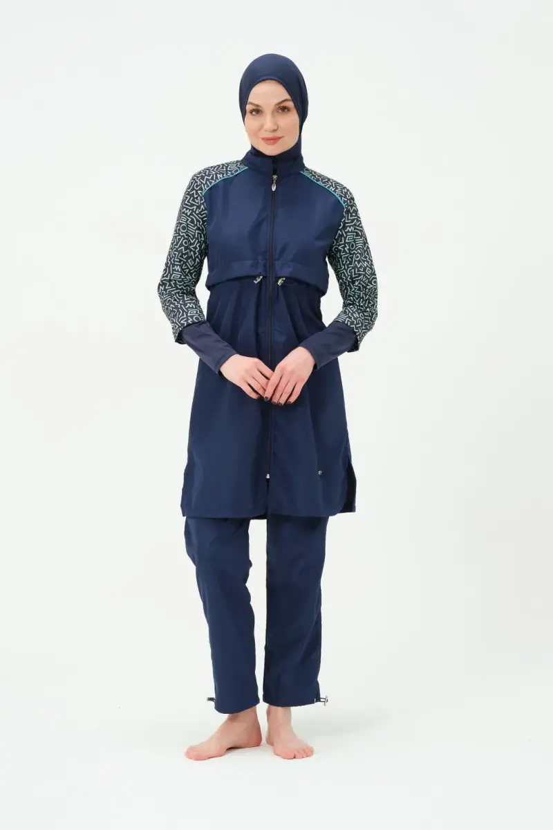 Kadın Büyük Beden Jileli Hızlı Kuruyan Tam Kapalı Tesettür Mayo 22165-25 Koyu Lacivert - 1