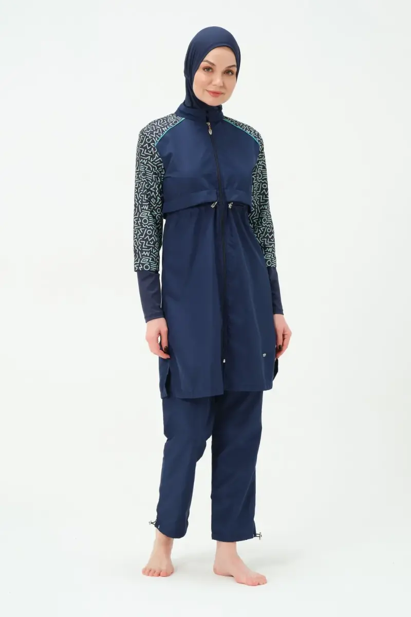 Kadın Büyük Beden Jileli Hızlı Kuruyan Tam Kapalı Tesettür Mayo 22165-25 Koyu Lacivert - 3