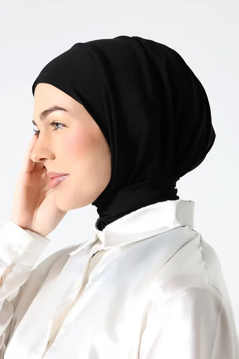 Kadın Çıtçıtlı Bağlamalı Tesettür Hazır Pratik Şal Siyah - 4