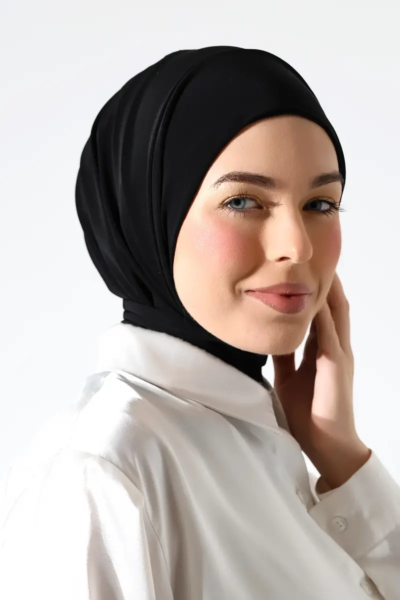 Kadın Çıtçıtlı Bağlamalı Tesettür Hazır Pratik Şal Siyah - 6