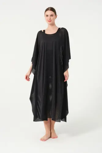 Kadın Çizgi Desenli Kemerli Şifon Pareo - 2635-25 Siyah - 1