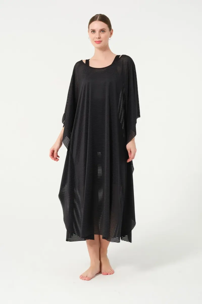 Kadın Çizgi Desenli Kemerli Şifon Pareo - 2635-25 Siyah - 1