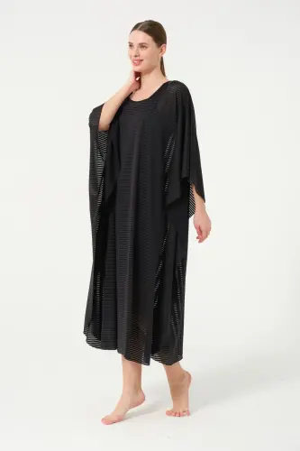 Kadın Çizgi Desenli Kemerli Şifon Pareo - 2635-25 Siyah - Tesmay (1)