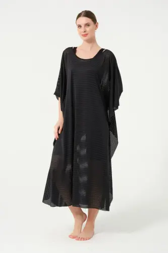 Kadın Çizgi Desenli Kemerli Şifon Pareo - 2635-25 Siyah - 3