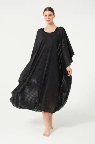 Kadın Çizgi Desenli Kemerli Şifon Pareo - 2635-25 Siyah - 4