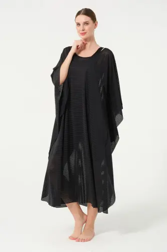 Kadın Çizgi Desenli Kemerli Şifon Pareo - 2635-25 Siyah - 5