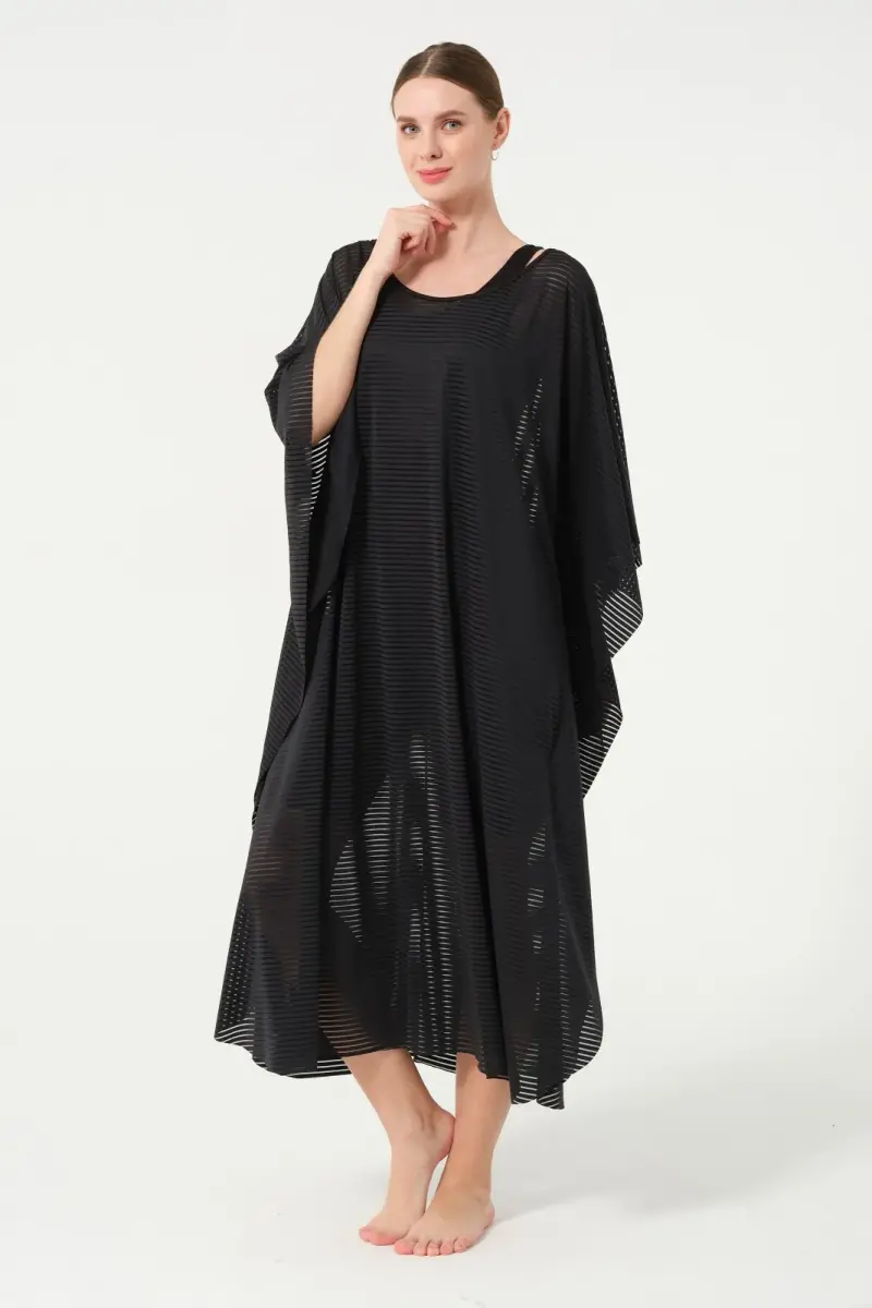 Kadın Çizgi Desenli Kemerli Şifon Pareo - 2635-25 Siyah - 5