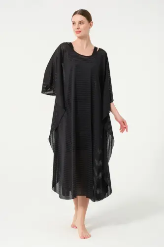 Kadın Çizgi Desenli Kemerli Şifon Pareo - 2635-25 Siyah - 6