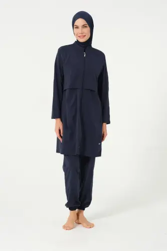 Kadın Crop Detaylı Düz Sporcu Beli Lastikli Tam Kapalı Tesettür Mayo 3006-25 Koyu Lacivert - Tesmay (1)