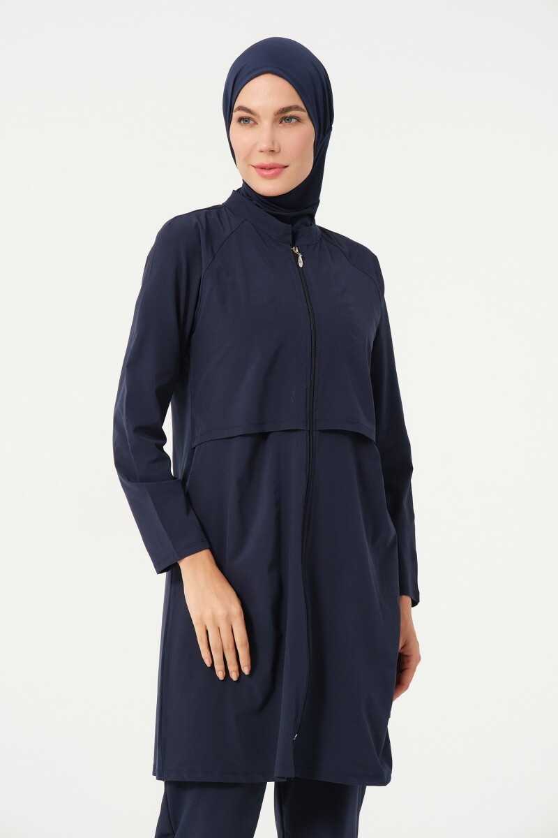 Kadın Crop Detaylı Düz Sporcu Beli Lastikli Tam Kapalı Tesettür Mayo 3006-25 Koyu Lacivert - 5