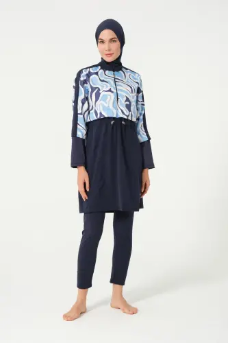 Kadın Crop Detaylı Sporcu Beli Lastikli Tam Kapalı Tesettür Mayo 3008-25 Koyu Lacivert - 1