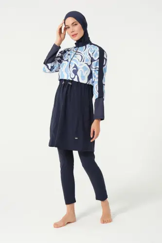 Kadın Crop Detaylı Sporcu Beli Lastikli Tam Kapalı Tesettür Mayo 3008-25 Koyu Lacivert - Tesmay (1)