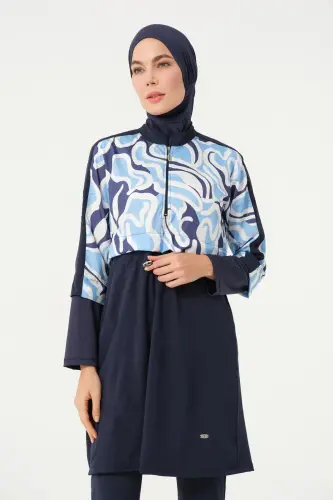 Kadın Crop Detaylı Sporcu Beli Lastikli Tam Kapalı Tesettür Mayo 3008-25 Koyu Lacivert - 4