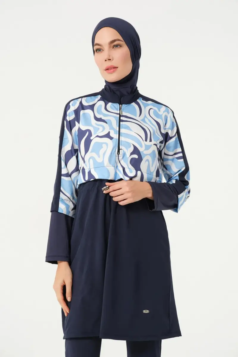 Kadın Crop Detaylı Sporcu Beli Lastikli Tam Kapalı Tesettür Mayo 3008-25 Koyu Lacivert - 4