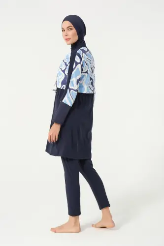 Kadın Crop Detaylı Sporcu Beli Lastikli Tam Kapalı Tesettür Mayo 3008-25 Koyu Lacivert - 5