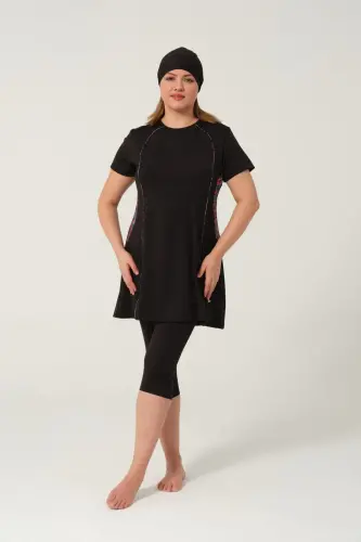 Kadın Desenli Hızlı Kuruyan Yarı Kapalı Tesettür Mayo 2523-25 Siyah - 1