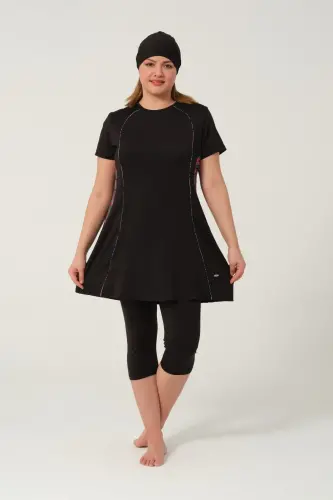 Kadın Desenli Hızlı Kuruyan Yarı Kapalı Tesettür Mayo 2523-25 Siyah - Tesmay (1)