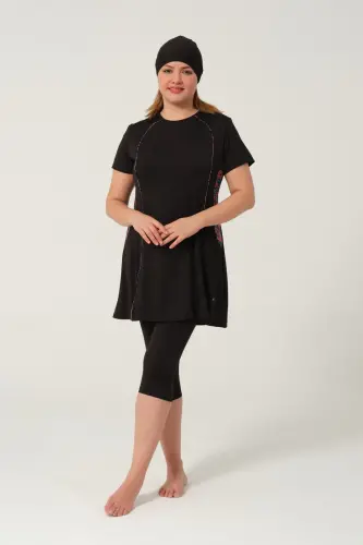 Kadın Desenli Hızlı Kuruyan Yarı Kapalı Tesettür Mayo 2523-25 Siyah - 3