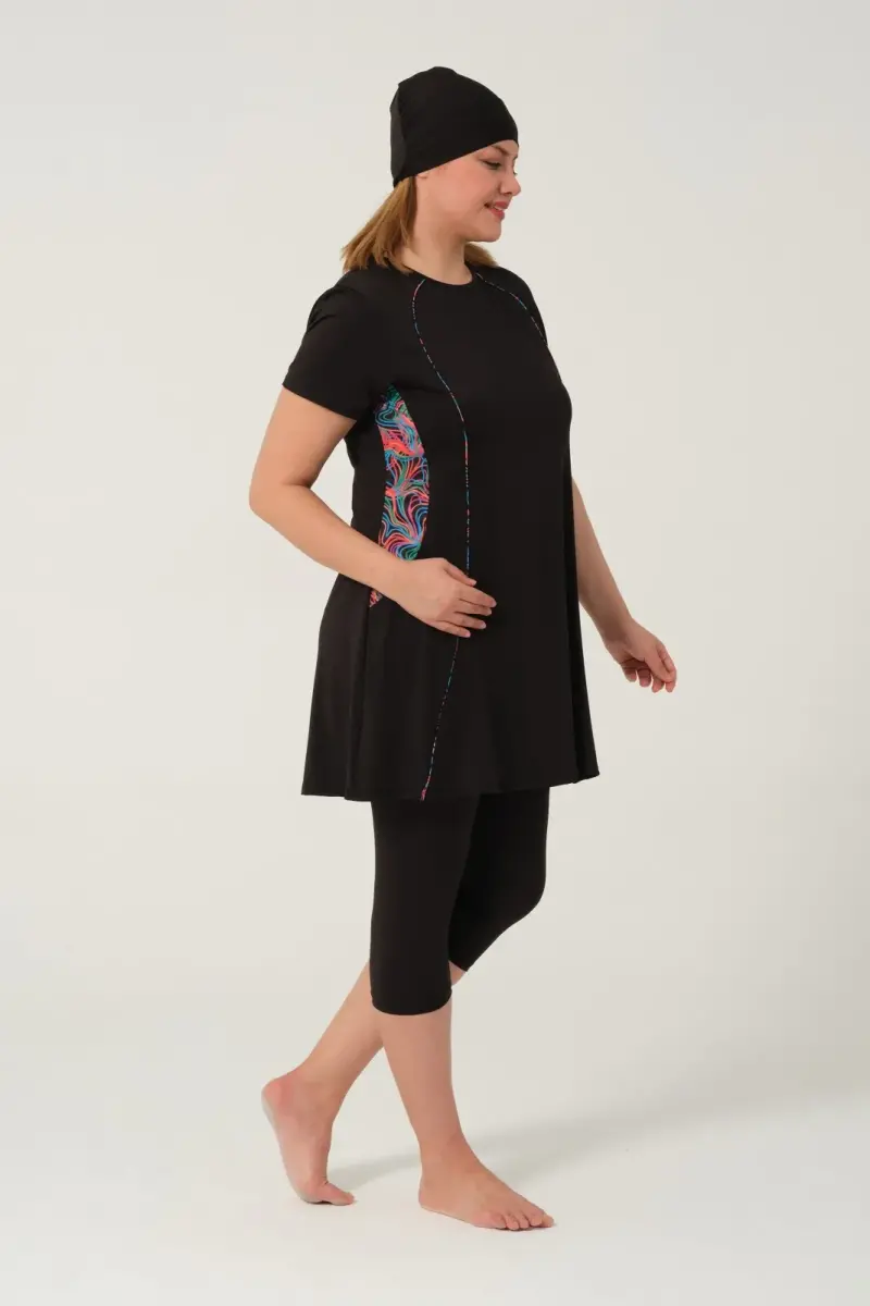 Kadın Desenli Hızlı Kuruyan Yarı Kapalı Tesettür Mayo 2523-25 Siyah - 5