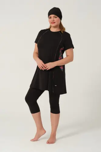 Kadın Desenli Hızlı Kuruyan Yarı Kapalı Tesettür Mayo 2523-25 Siyah - 6