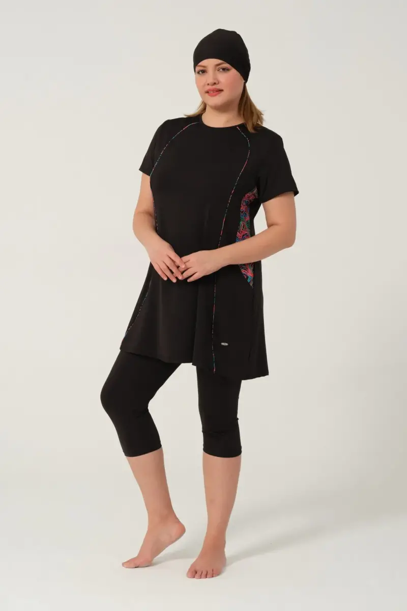 Kadın Desenli Hızlı Kuruyan Yarı Kapalı Tesettür Mayo 2523-25 Siyah - 6