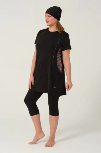 Kadın Desenli Hızlı Kuruyan Yarı Kapalı Tesettür Mayo 2523-25 Siyah - 7