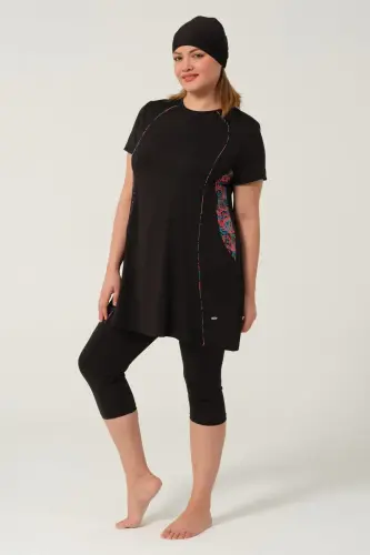 Kadın Desenli Hızlı Kuruyan Yarı Kapalı Tesettür Mayo 2523-25 Siyah - 8