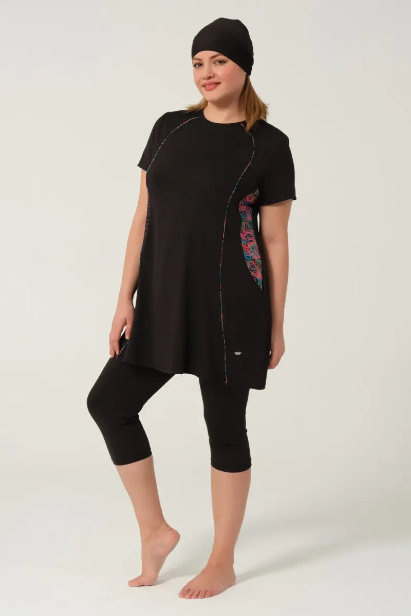 Kadın Desenli Hızlı Kuruyan Yarı Kapalı Tesettür Mayo 2523-25 Siyah - 8