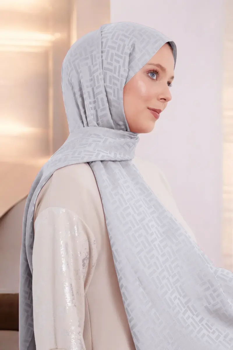 Kadın Dikdörtgen Desen Tesettür Blue Jakar Şal Gri - 1