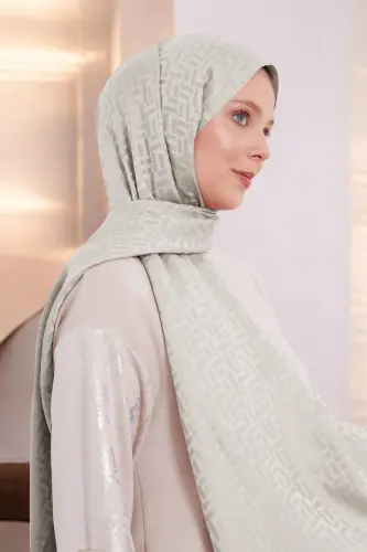 Kadın Dikdörtgen Desen Tesettür Blue Jakar Şal Kırık Beyaz 