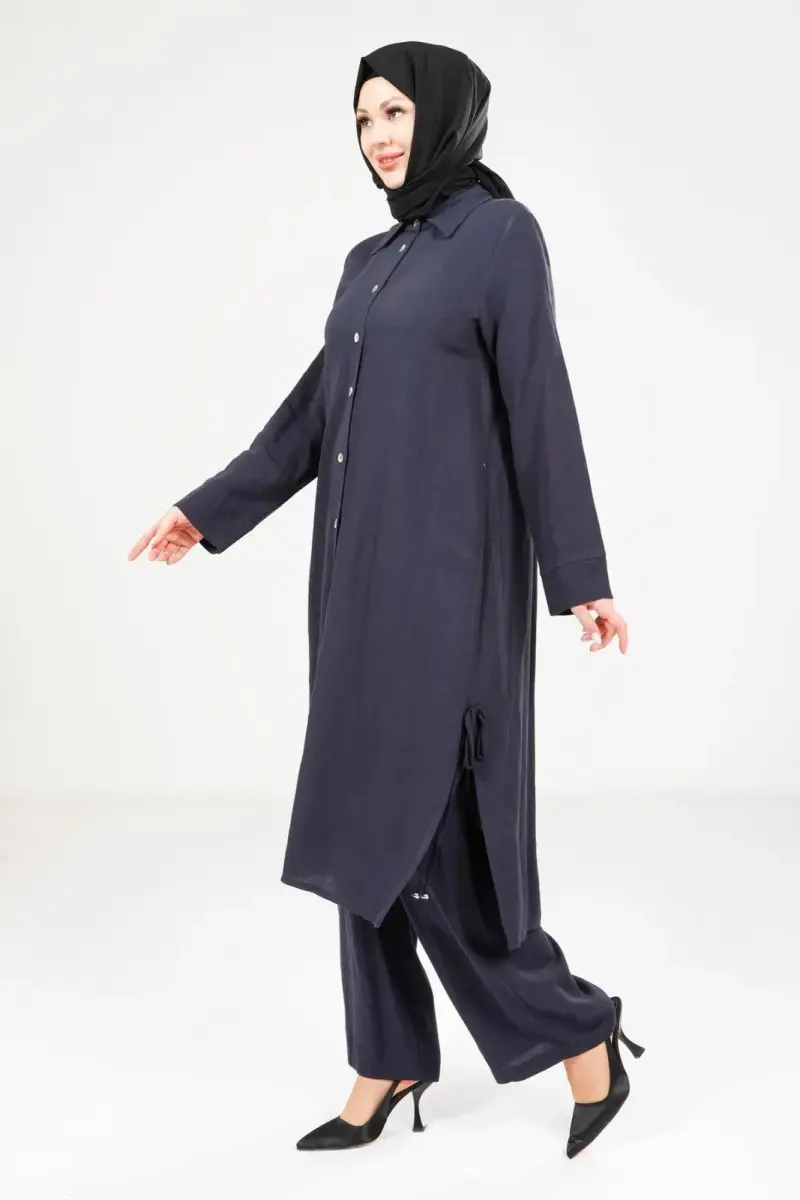 Kadın Düğmeli İkili Hac ve Umre Kıyafeti Lacivert 9281-25 - 2