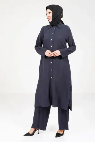 Kadın Düğmeli İkili Hac ve Umre Kıyafeti Lacivert 9281-25 - 3