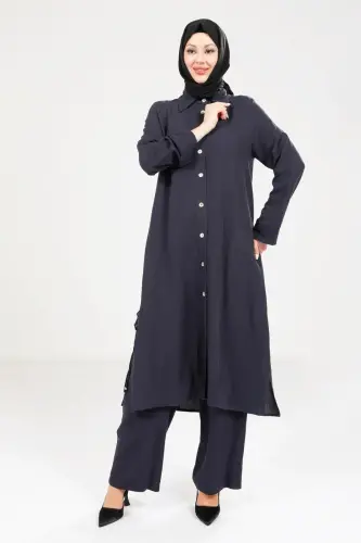 Kadın Düğmeli İkili Hac ve Umre Kıyafeti Lacivert 9281-25 - 4