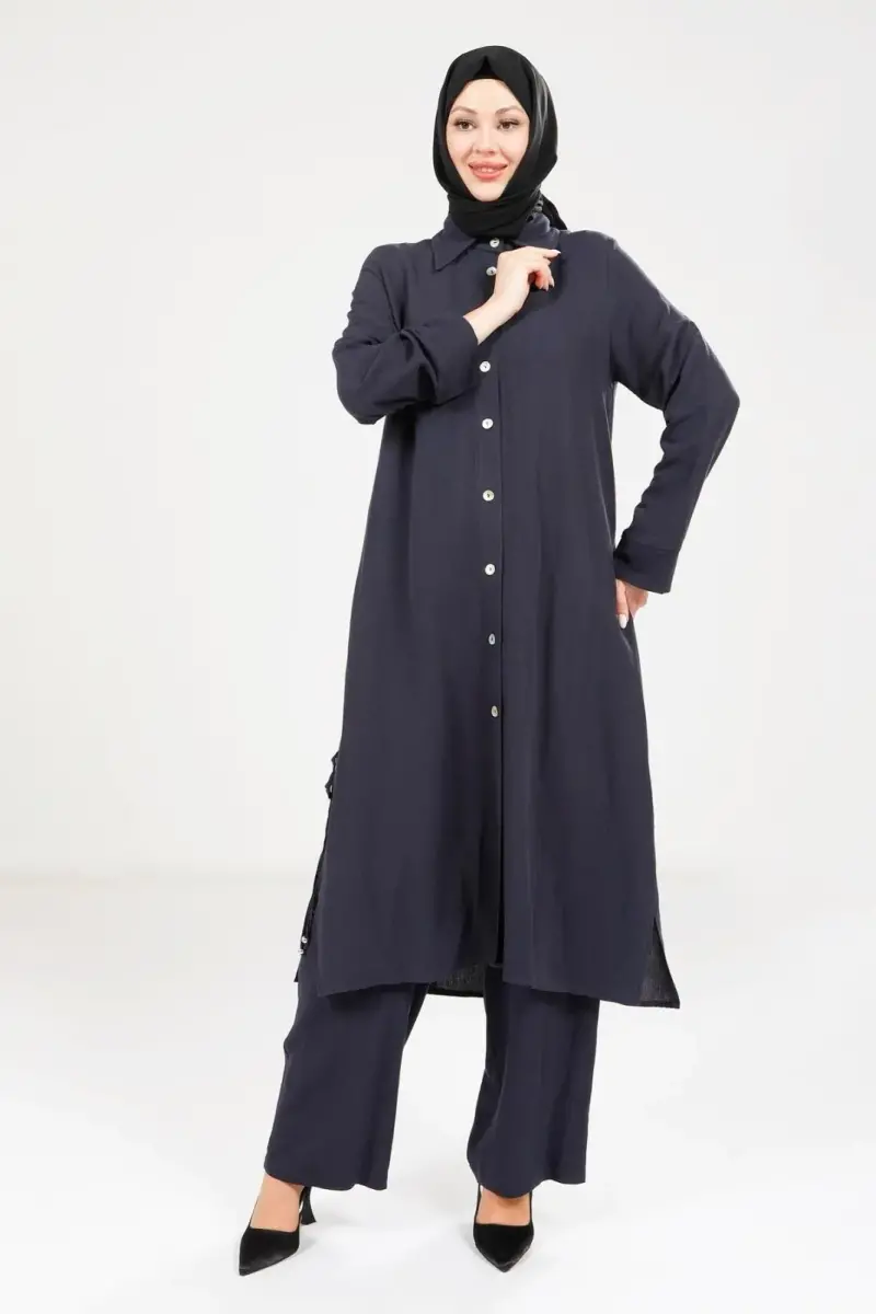 Kadın Düğmeli İkili Hac ve Umre Kıyafeti Lacivert 9281-25 - 4