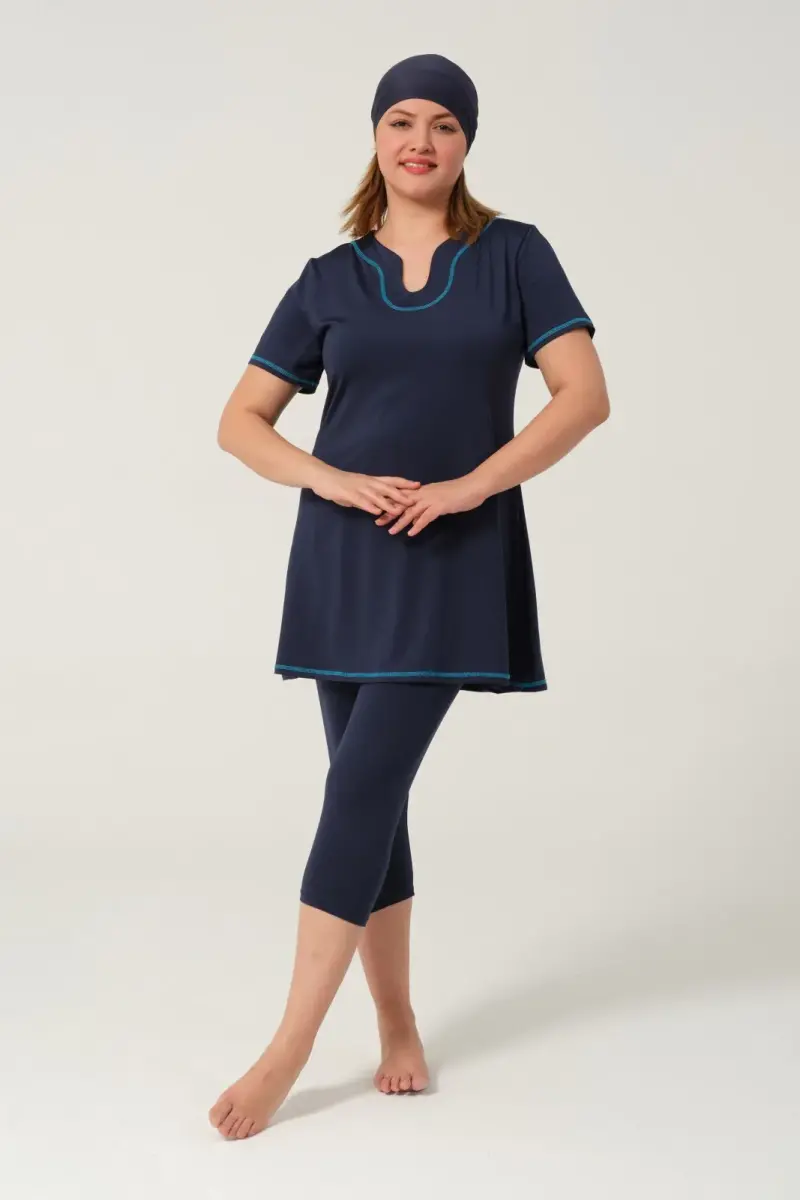 Kadın Düz Desenli Yarı Kapalı Tesettür Mayo 24185-25 Koyu Lacivert - 1