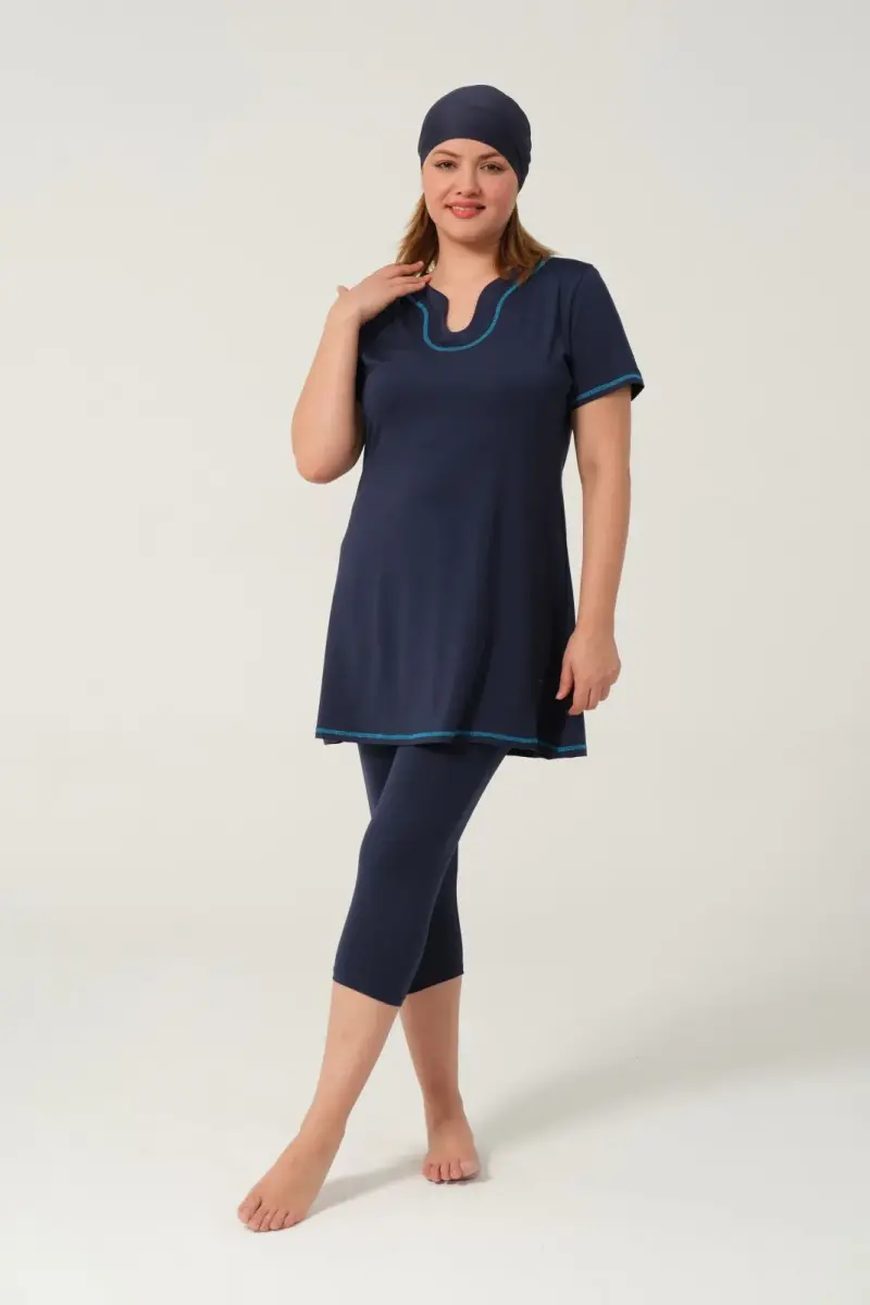 Kadın Düz Desenli Yarı Kapalı Tesettür Mayo 24185-25 Koyu Lacivert - 2