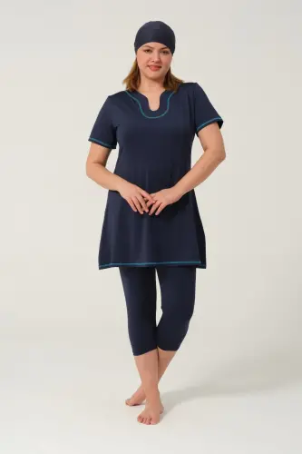 Kadın Düz Desenli Yarı Kapalı Tesettür Mayo 24185-25 Koyu Lacivert - 3