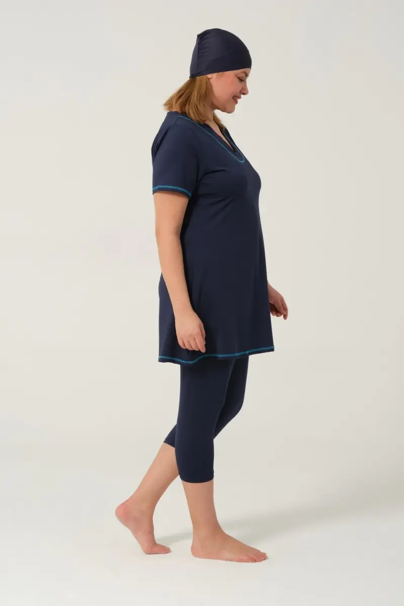 Kadın Düz Desenli Yarı Kapalı Tesettür Mayo 24185-25 Koyu Lacivert - 5