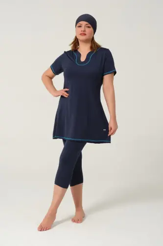 Kadın Düz Desenli Yarı Kapalı Tesettür Mayo 24185-25 Koyu Lacivert - 6