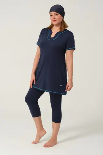 Kadın Düz Desenli Yarı Kapalı Tesettür Mayo 24185-25 Koyu Lacivert - 7