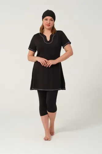 Kadın Düz Desenli Yarı Kapalı Tesettür Mayo 24185-25 Siyah 